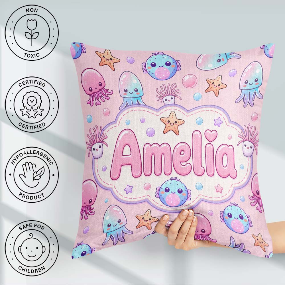 Custom Name Jellyfish Starfish and Sea Creatures Soft Blush Pink Square Filled Cushion Throw Pillow Sofa Bed Home Decor Zip Washable UK Made