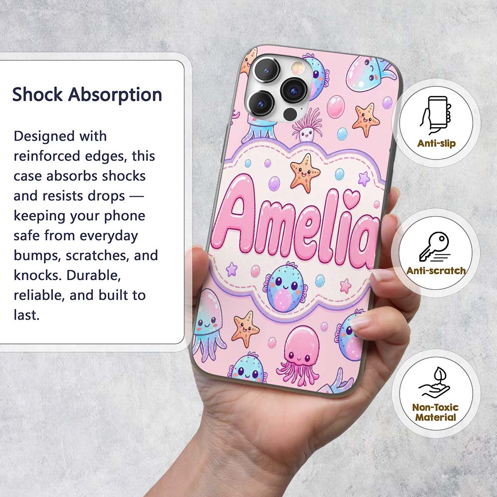 Jellyfish Starfish and Cute Sea Creatures Soft Custom Name Protective Phone Case Mobile Cover Durable Everyday Smartphone Shock Resistant