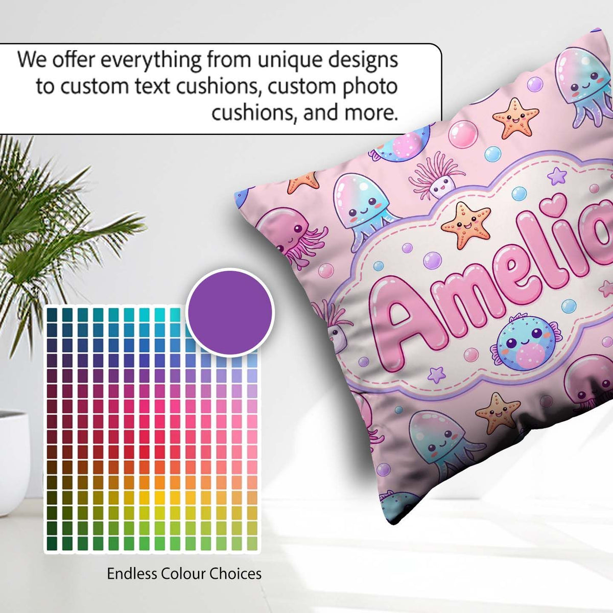 Custom Name Jellyfish Starfish and Sea Creatures Soft Blush Pink Square Filled Cushion Throw Pillow Sofa Bed Home Decor Zip Washable UK Made