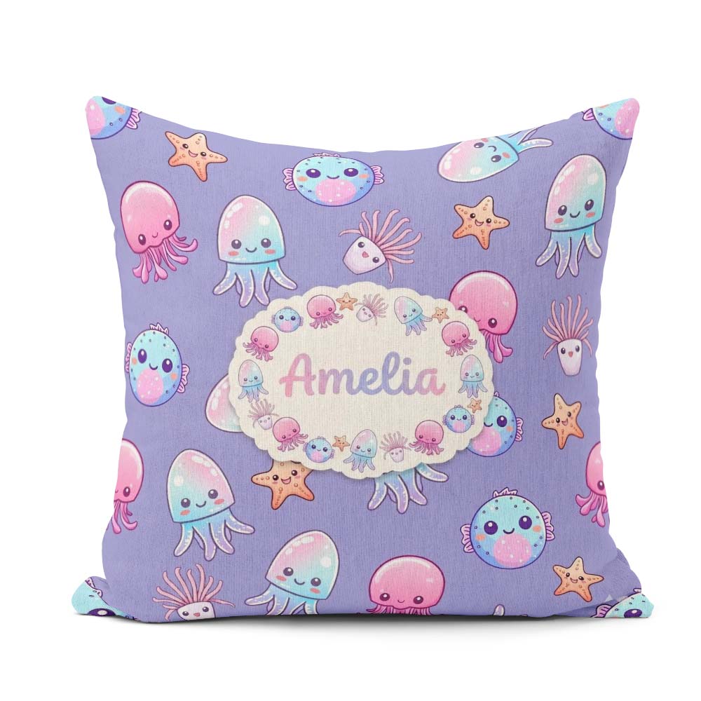 Custom Name Jellyfish Starfish and Sea Creatures Lavender Purple Square Filled Cushion Throw Pillow Sofa Bed Home Decor Zip Washable UK Made