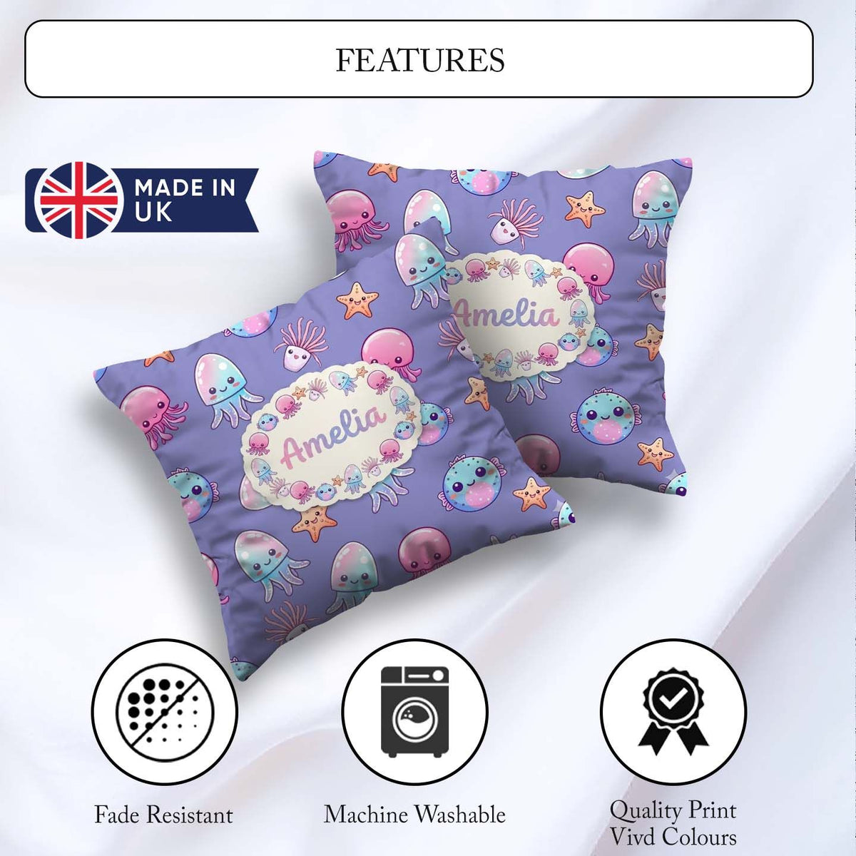 Custom Name Jellyfish Starfish and Sea Creatures Lavender Purple Square Filled Cushion Throw Pillow Sofa Bed Home Decor Zip Washable UK Made