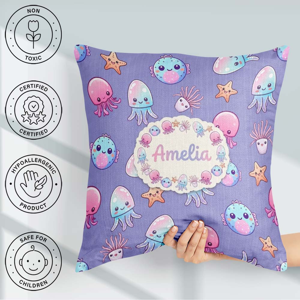 Custom Name Jellyfish Starfish and Sea Creatures Lavender Purple Square Filled Cushion Throw Pillow Sofa Bed Home Decor Zip Washable UK Made