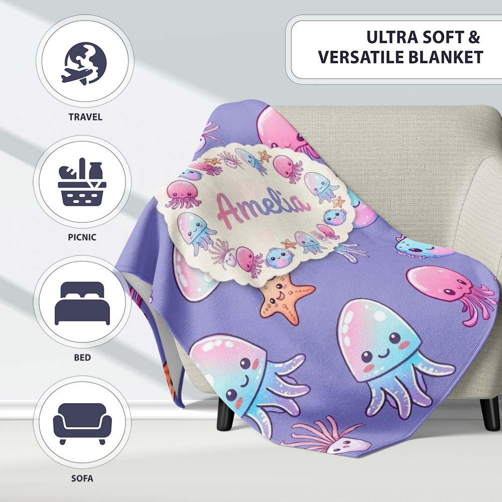 Jellyfish Starfish and Cute Sea Creatures Lavender Purple Background Personalised Custom Name Super Soft Fleece Blanket Bed Sofa Throw