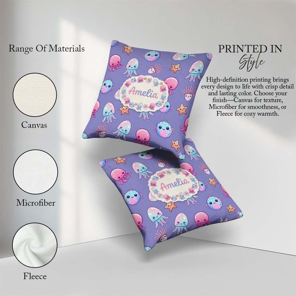 Custom Name Jellyfish Starfish and Sea Creatures Lavender Purple Square Filled Cushion Throw Pillow Sofa Bed Home Decor Zip Washable UK Made