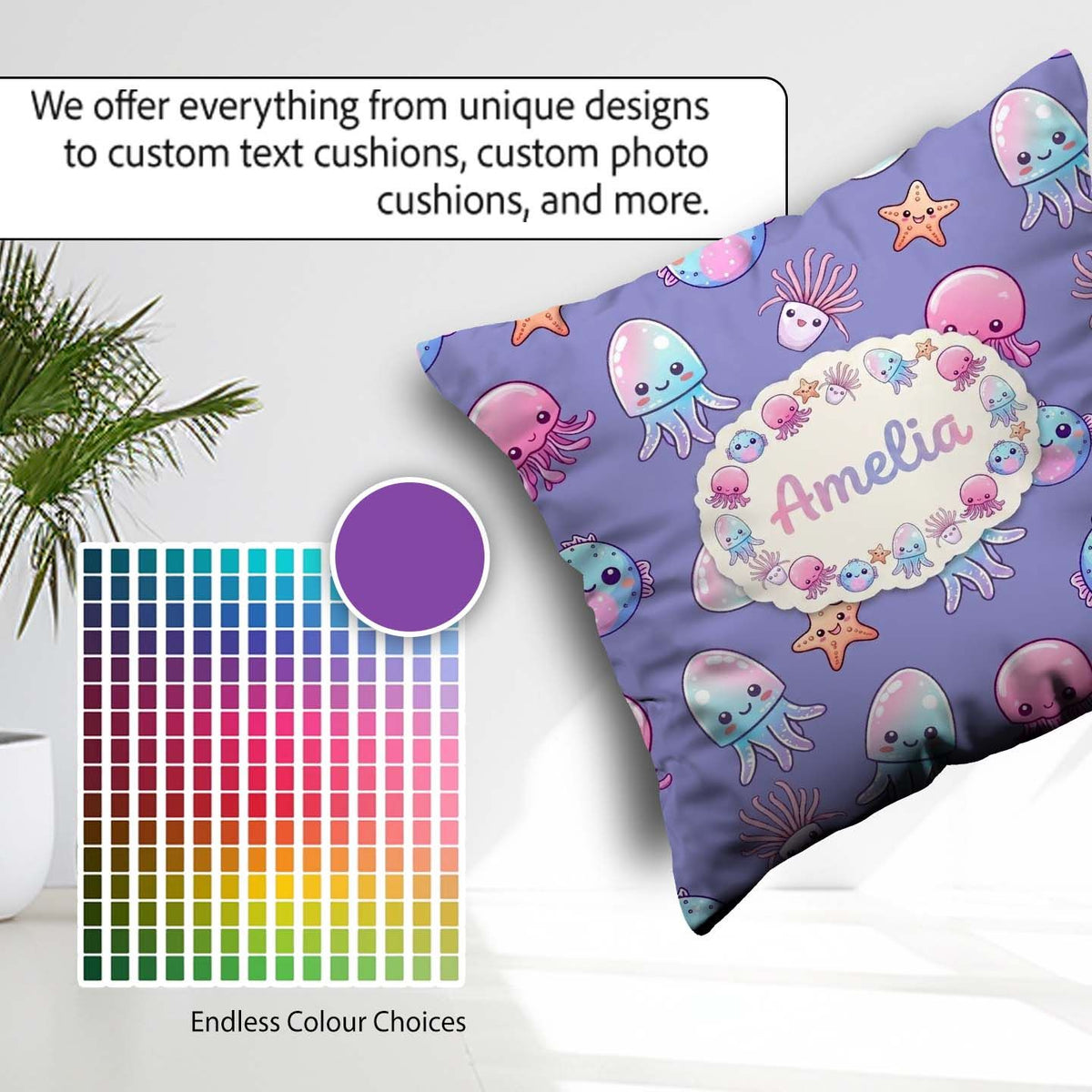 Custom Name Jellyfish Starfish and Sea Creatures Lavender Purple Square Filled Cushion Throw Pillow Sofa Bed Home Decor Zip Washable UK Made