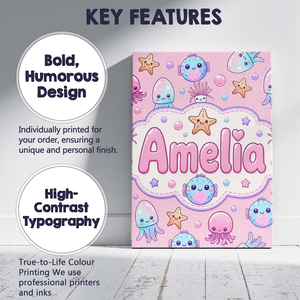 Personalised Name Kawaii Jellyfish Starfish Custom Bespoke Interior Contemporary Canvas Wall Art Print Decor Picture Ready to Hang