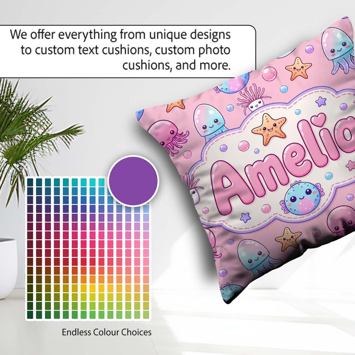 Custom Name Jellyfish Starfish and Cute Sea Creatures Warm Pink Square Filled Cushion Throw Pillow Sofa Bed Home Decor Zip Washable UK Made