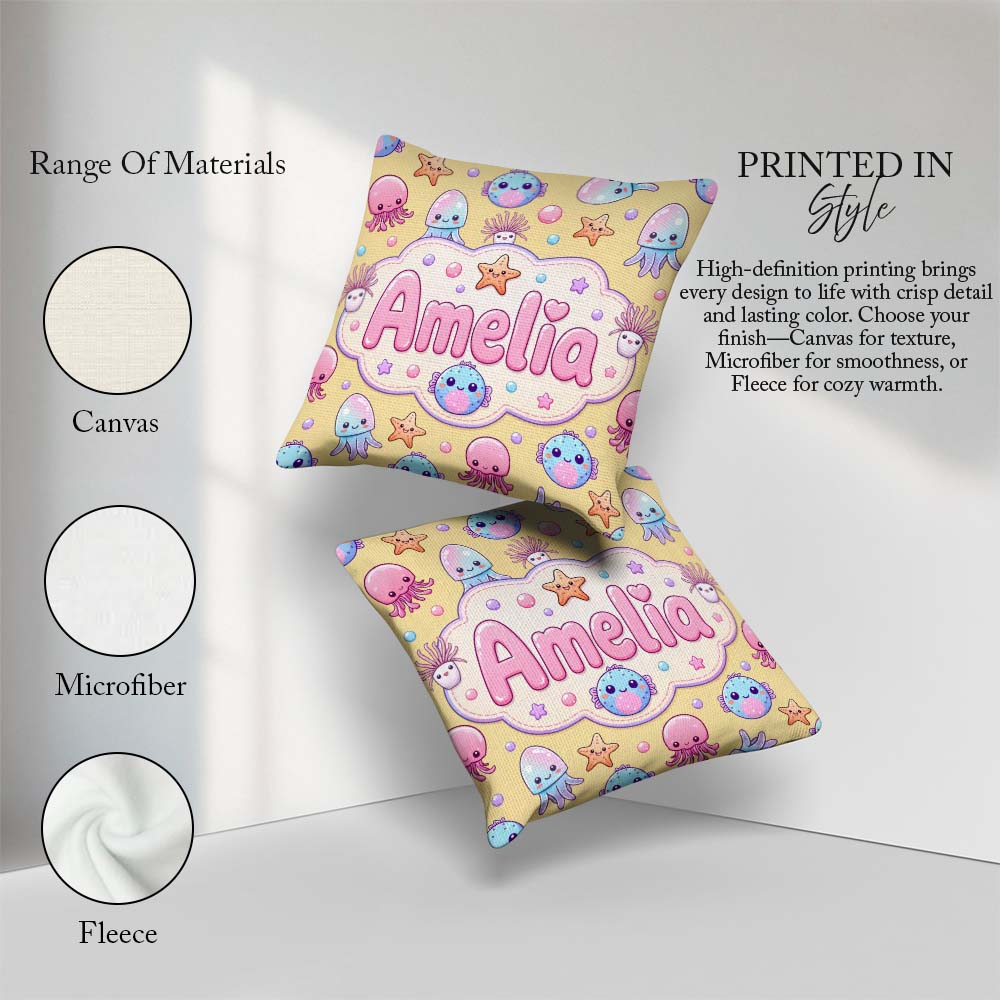 Custom Name Jellyfish and Cute Sea Creatures Warm Mustard Yellow Square Filled Cushion Throw Pillow Sofa Bed Home Decor Zip Washable UK Made