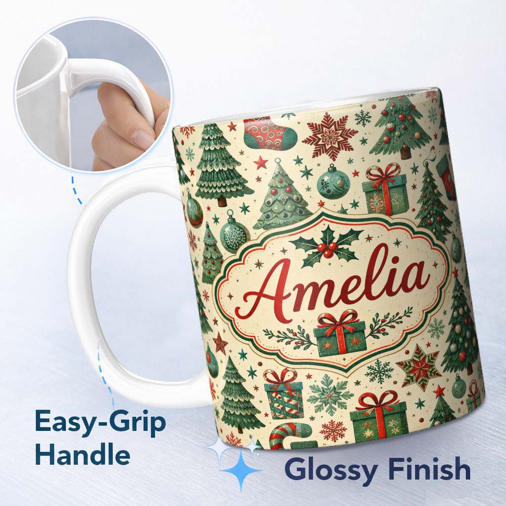 Personalized Custom Name Christmas Tree Snowflake Ornament Holiday Festive Seamless Pattern 11oz Ceramic Coffee Tea Mug White Large Handle