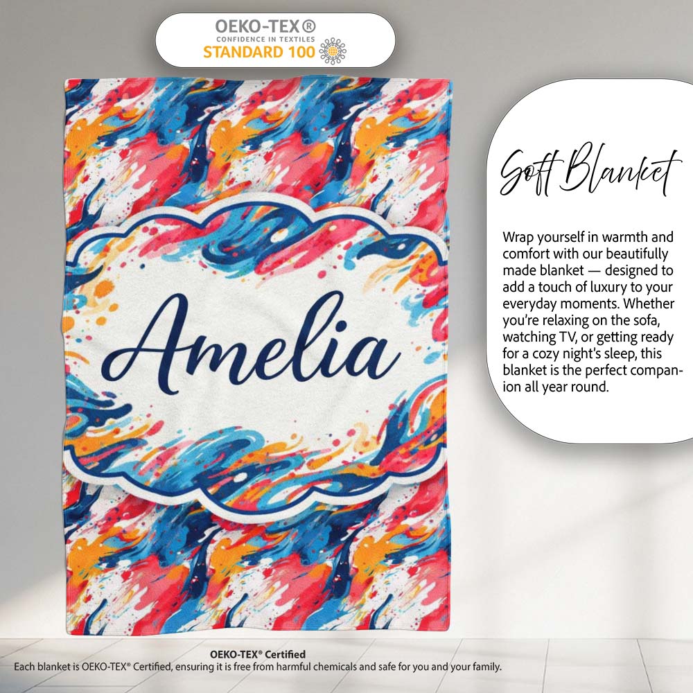 Modern Fluid Marble Teal Red Cream Abstract Pattern Cute Unique Gift Personalised Custom Name Super Soft Fleece Blanket Bed Sofa Throw