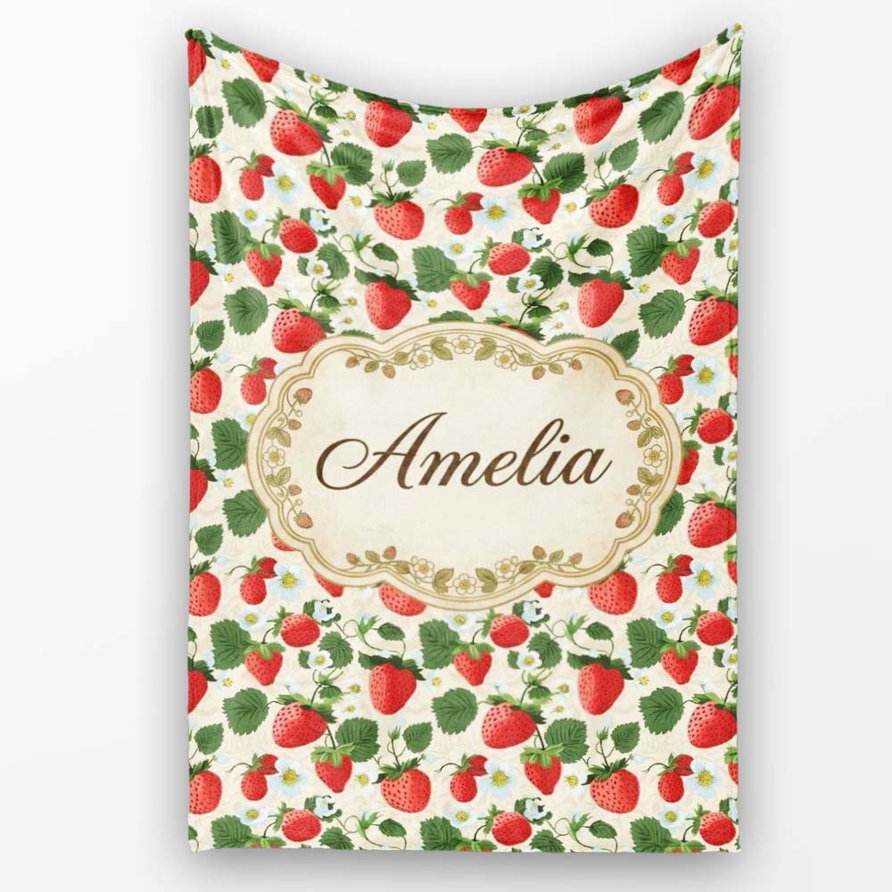 Vintage Strawberries and Floral Garden on Cream Beige Background Personalised Custom Name Super Soft Fleece Blanket Bed Sofa Throw