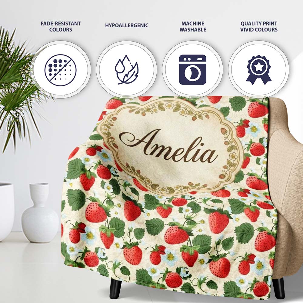 Vintage Strawberries and Floral Garden on Cream Beige Background Personalised Custom Name Super Soft Fleece Blanket Bed Sofa Throw