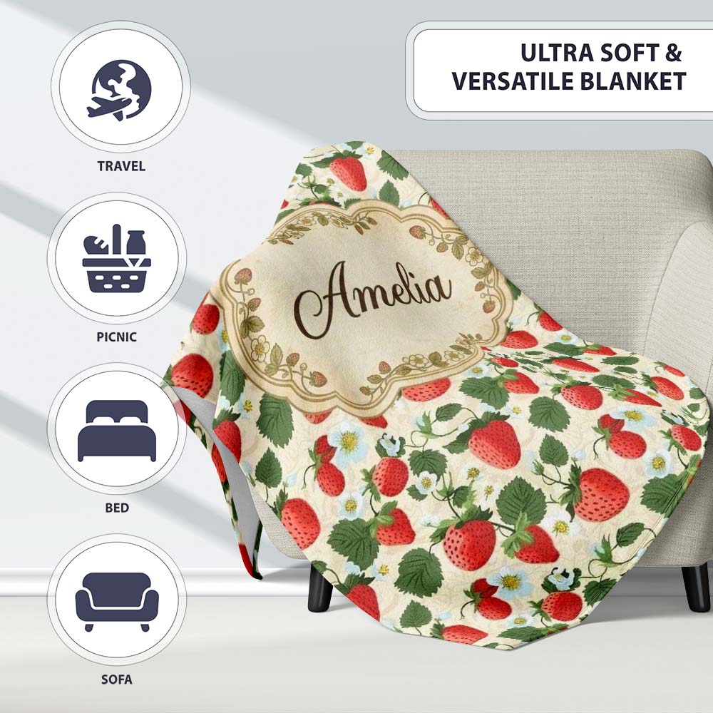 Vintage Strawberries and Floral Garden on Cream Beige Background Personalised Custom Name Super Soft Fleece Blanket Bed Sofa Throw