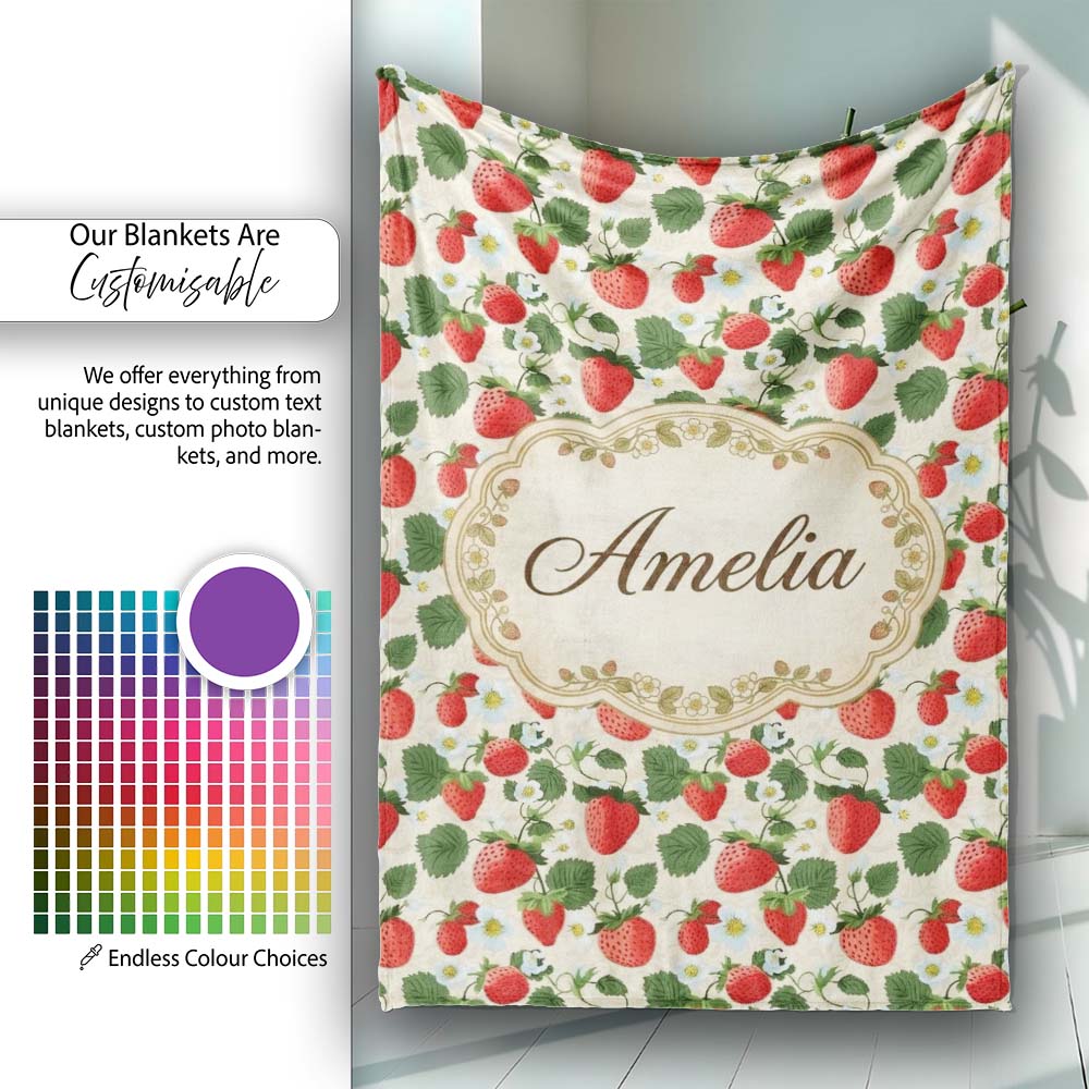 Vintage Strawberries and Floral Garden on Cream Beige Background Personalised Custom Name Super Soft Fleece Blanket Bed Sofa Throw