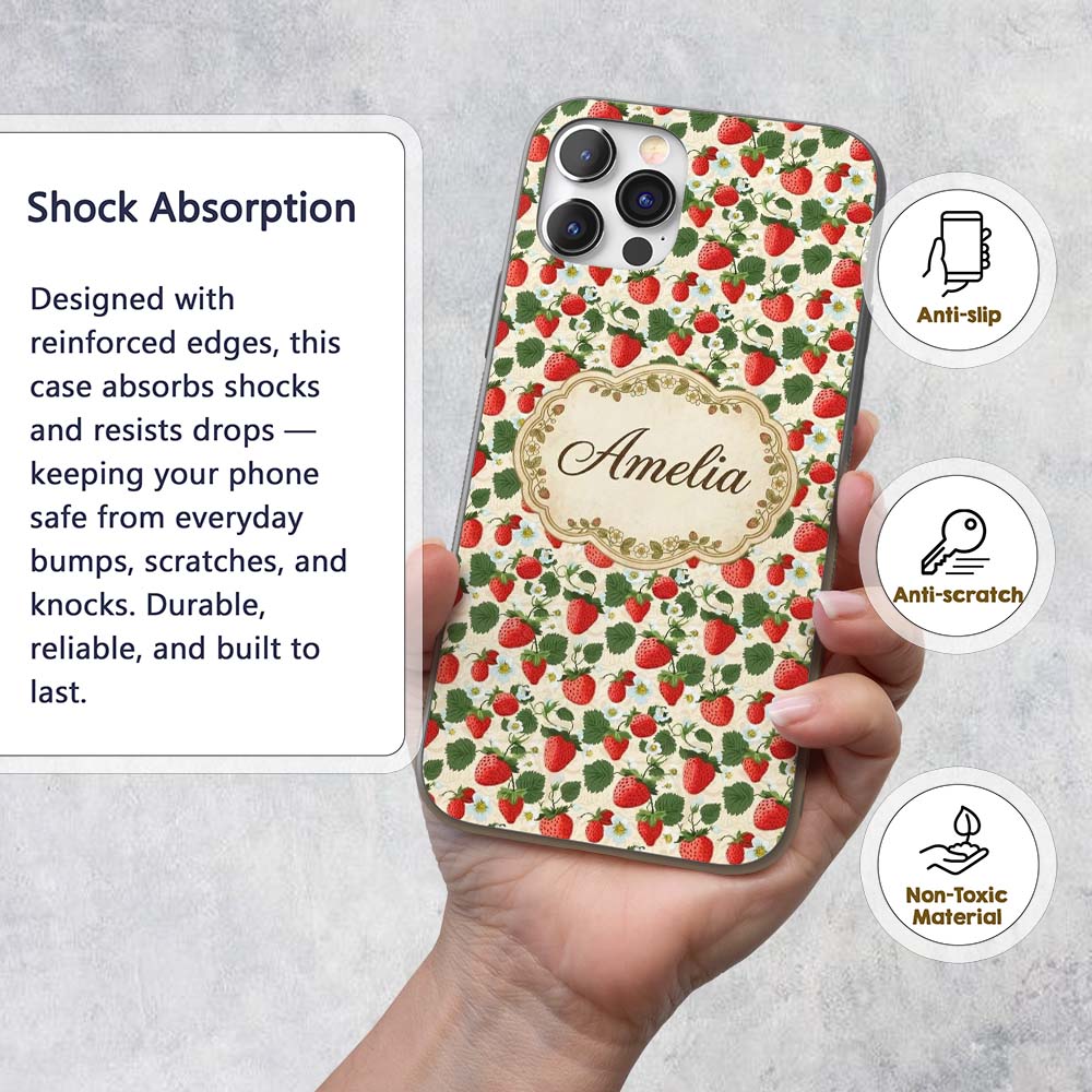 Vintage Strawberries and Floral Garden on Cream Custom Name Protective Phone Case Mobile Cover Durable Everyday Smartphone Shock Resistant
