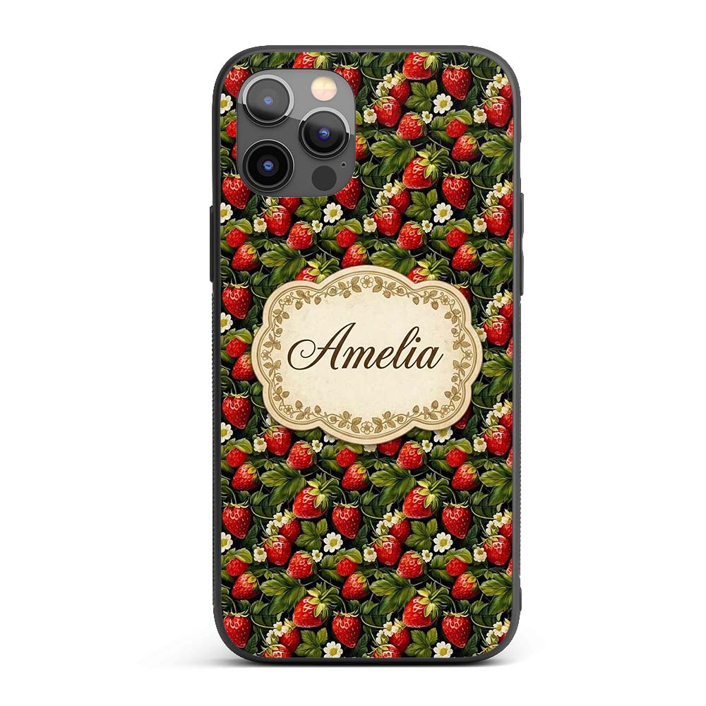Rich Vintage Strawberries Leaves and Blossoms on Custom Name Protective Phone Case Mobile Cover Durable Everyday Smartphone Shock Resistant