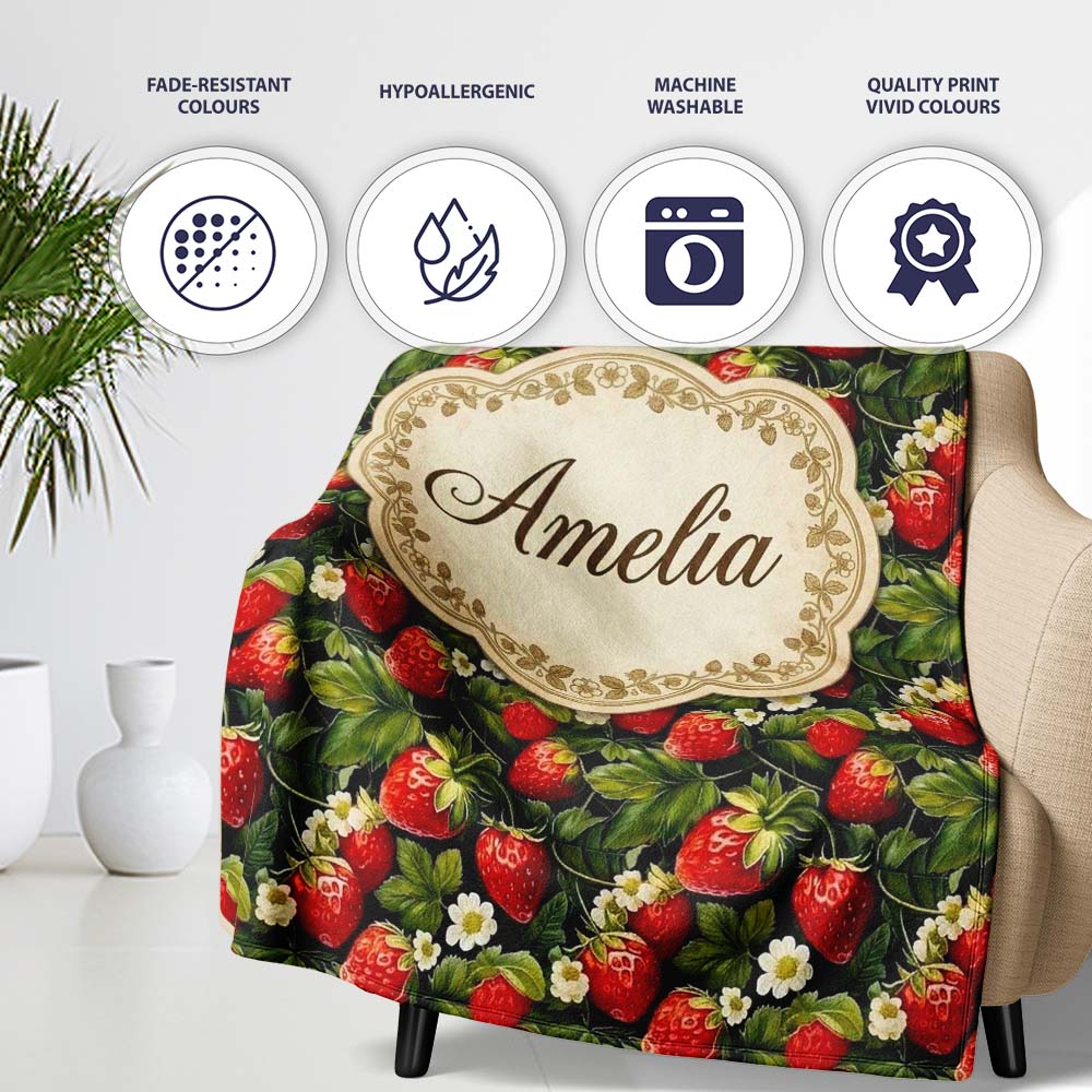 Rich Vintage Strawberries Leaves and Blossoms on Dark Background Personalised Custom Name Super Soft Fleece Blanket Bed Sofa Throw