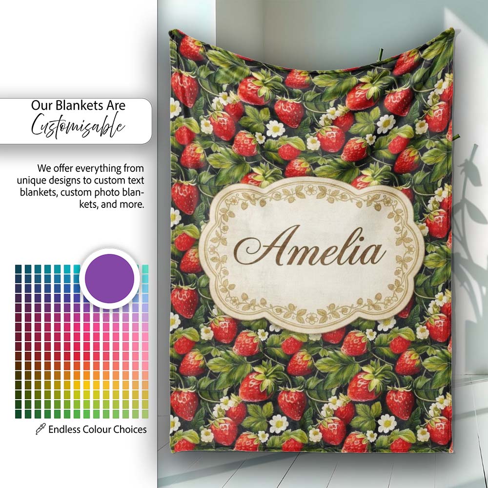Rich Vintage Strawberries Leaves and Blossoms on Dark Background Personalised Custom Name Super Soft Fleece Blanket Bed Sofa Throw