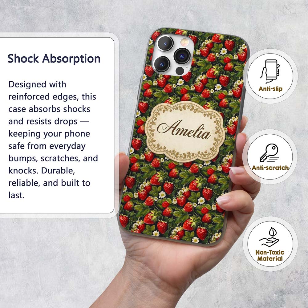 Rich Vintage Strawberries Leaves and Blossoms on Custom Name Protective Phone Case Mobile Cover Durable Everyday Smartphone Shock Resistant