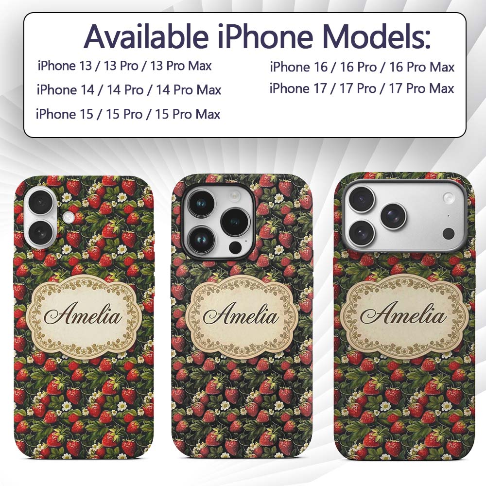 Rich Vintage Strawberries Leaves and Blossoms on Custom Name Protective Phone Case Mobile Cover Durable Everyday Smartphone Shock Resistant
