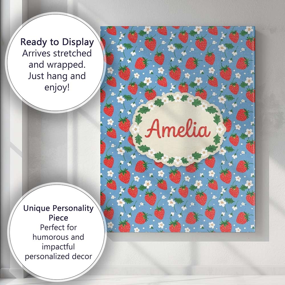 Personalised Name Cute Simple Strawberries Custom Unique Gift Idea Elegant Feature Canvas Wall Art Print Decor Picture Ready to Hang