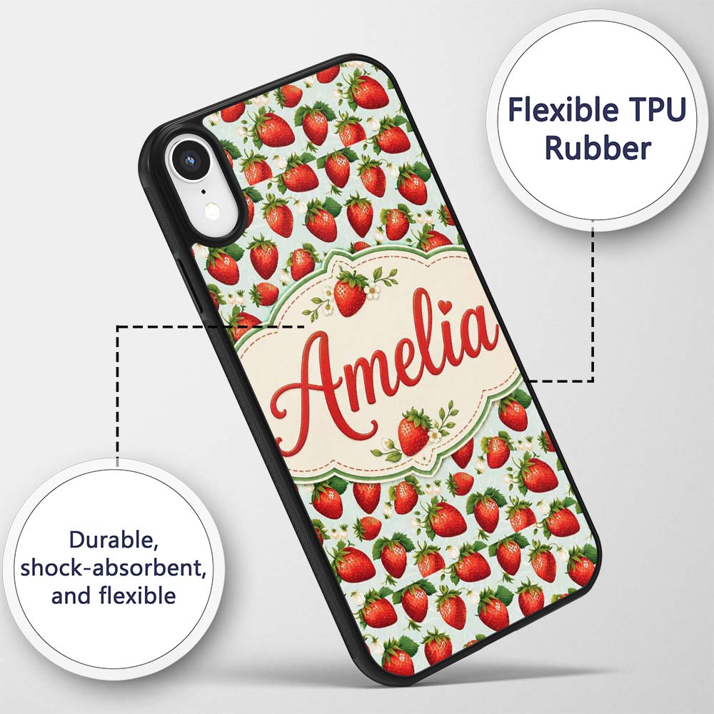 Fresh Strawberries and Leaves on Soft Sage Green Custom Name Protective Phone Case Mobile Cover Durable Everyday Smartphone Shock Resistant