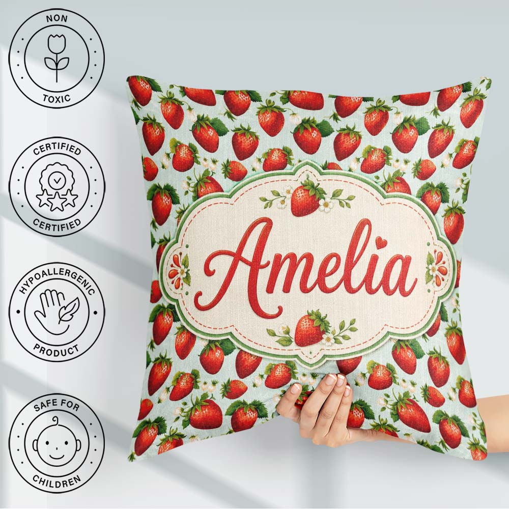 Custom Name Fresh Strawberries and on Soft Sage Green Background Square Filled Cushion Throw Pillow Sofa Bed Home Decor Zip Washable UK Made