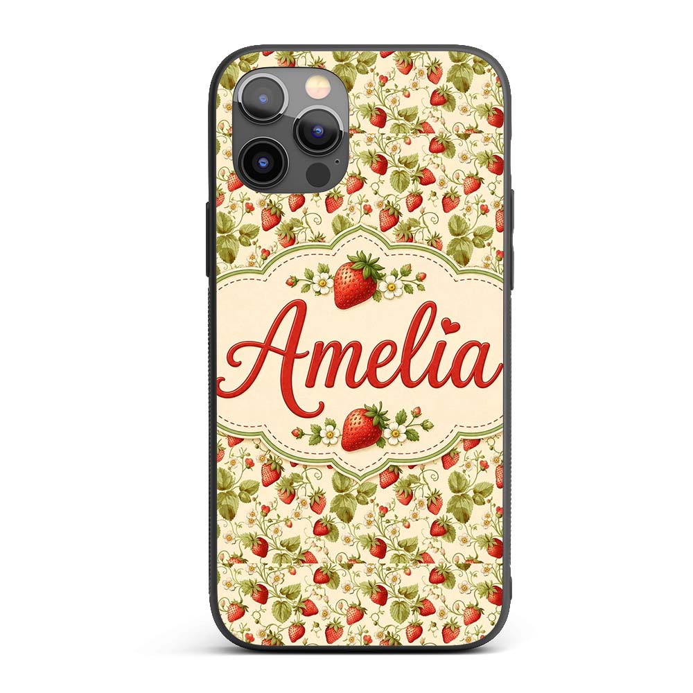 Vintage Strawberries Flowers and Leaves on Cream Custom Name Protective Phone Case Mobile Cover Durable Everyday Smartphone Shock Resistant