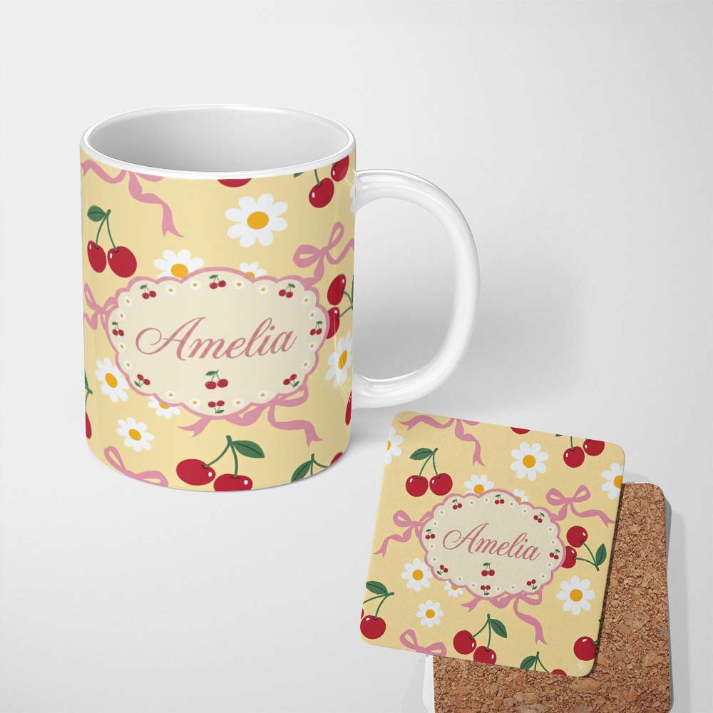 Personalized Custom Name Cute Cherry Bow and Daisy Yellow Check Seamless Pattern Lovely 11oz Ceramic Coffee Tea Mug White Large Handle