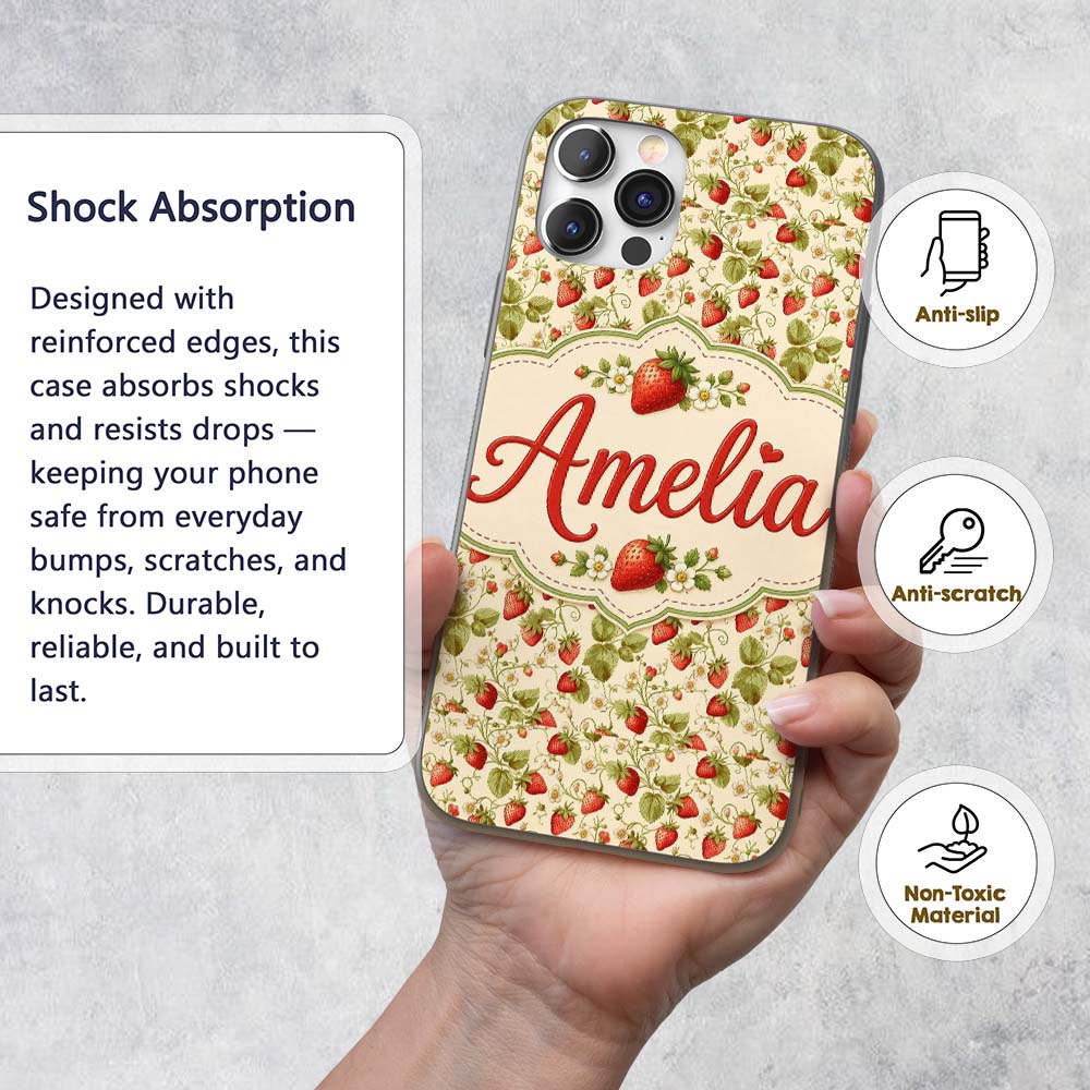 Vintage Strawberries Flowers and Leaves on Cream Custom Name Protective Phone Case Mobile Cover Durable Everyday Smartphone Shock Resistant