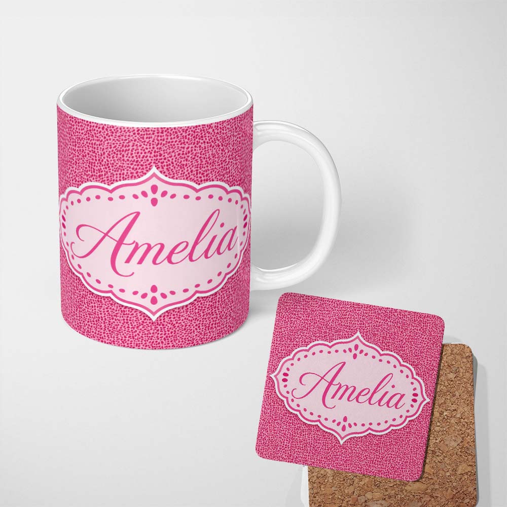 Personalized Custom Name Hot Pink Dense Mini Dot Abstract Texture Seamless Pattern Lovely 11oz Ceramic Coffee Tea Mug White Large Handle
