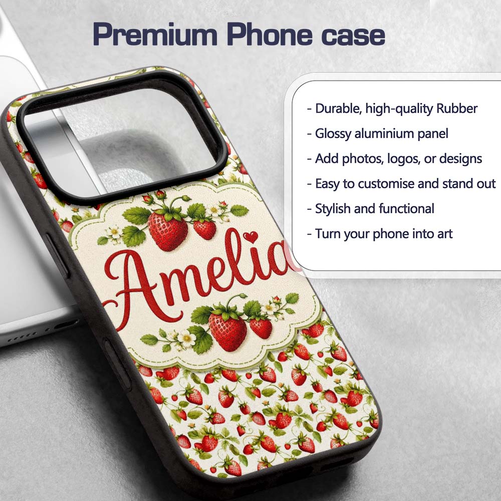 Fresh Strawberries and Green Leaves on Light Custom Name Protective Phone Case Mobile Cover Durable Everyday Smartphone Shock Resistant