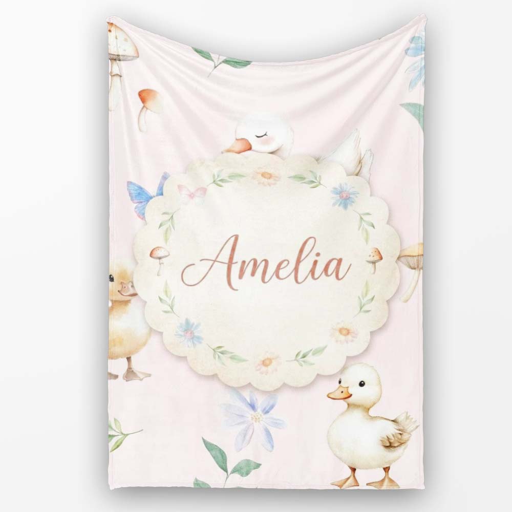 Cute Ducklings Swan Mushrooms and Flowers on Soft Pink Background Personalised Custom Name Super Soft Fleece Blanket Bed Sofa Throw