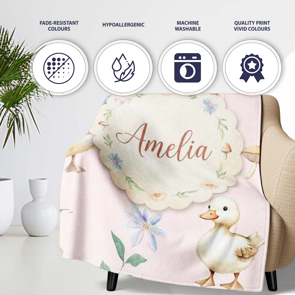 Cute Ducklings Swan Mushrooms and Flowers on Soft Pink Background Personalised Custom Name Super Soft Fleece Blanket Bed Sofa Throw