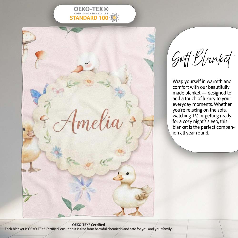 Cute Ducklings Swan Mushrooms and Flowers on Soft Pink Background Personalised Custom Name Super Soft Fleece Blanket Bed Sofa Throw