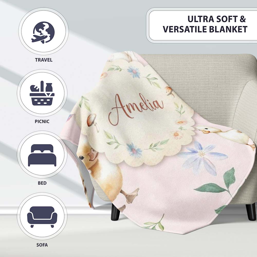 Cute Ducklings Swan Mushrooms and Flowers on Soft Pink Background Personalised Custom Name Super Soft Fleece Blanket Bed Sofa Throw