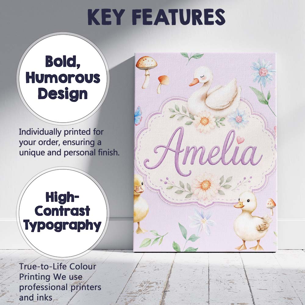Personalised Name Cute Swan Ducklings Custom Modern Room Accent Creative Decorator Style Canvas Wall Art Print Decor Picture Ready to Hang