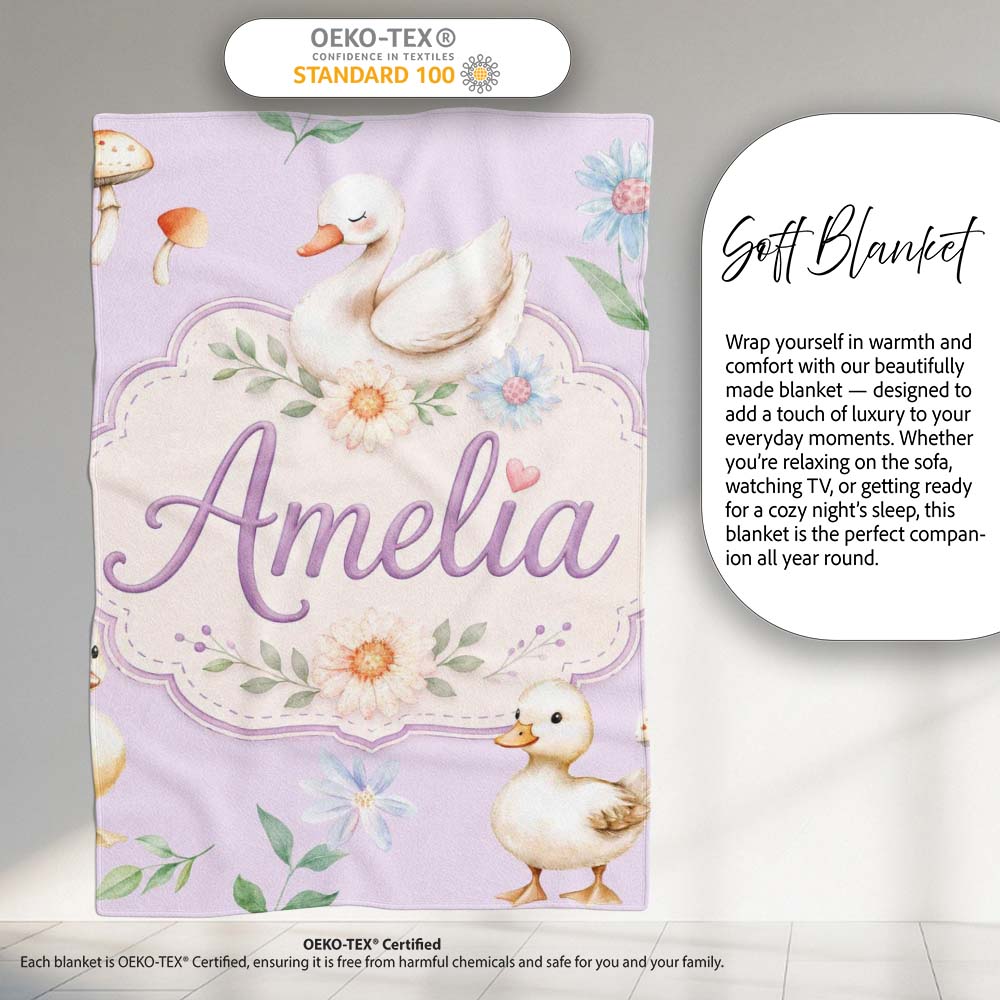 Cute Swan Ducklings Mushrooms and Flowers on Soft Lavender Lovely Personalised Custom Name Super Soft Fleece Blanket Bed Sofa Throw