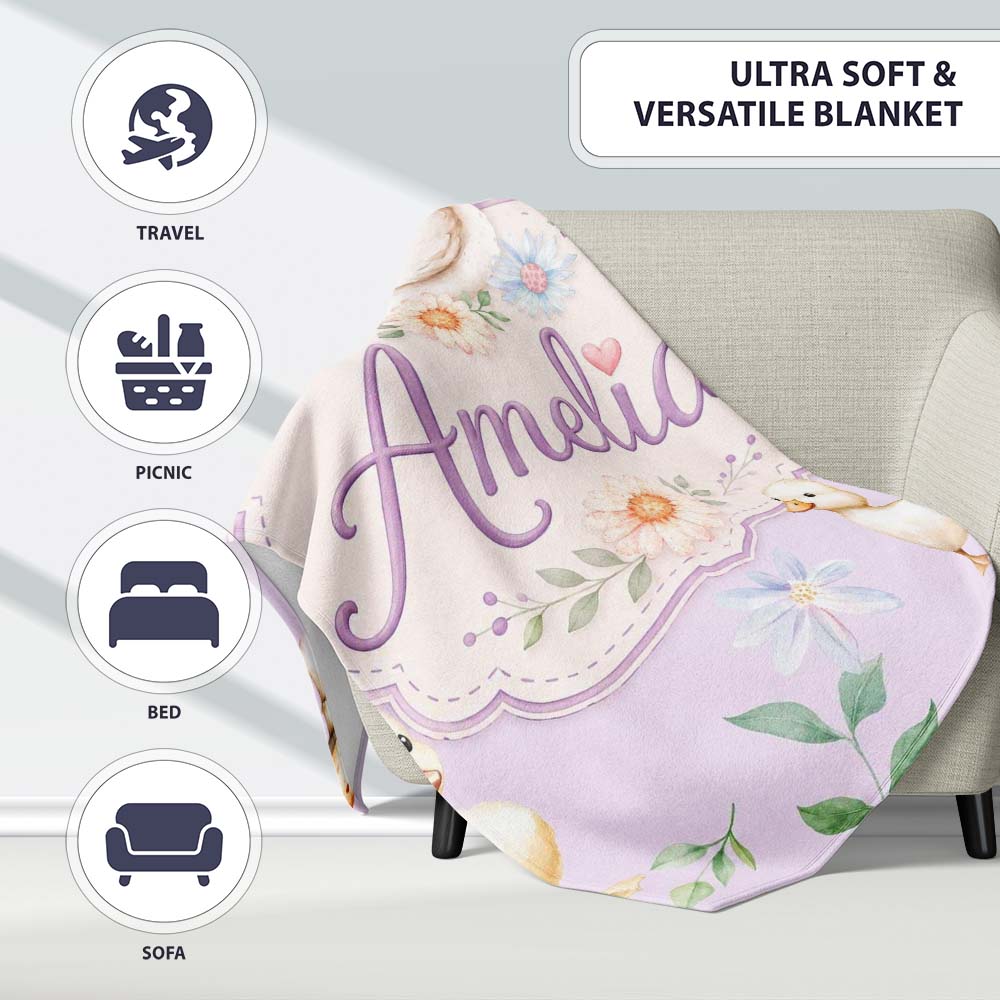 Cute Swan Ducklings Mushrooms and Flowers on Soft Lavender Lovely Personalised Custom Name Super Soft Fleece Blanket Bed Sofa Throw