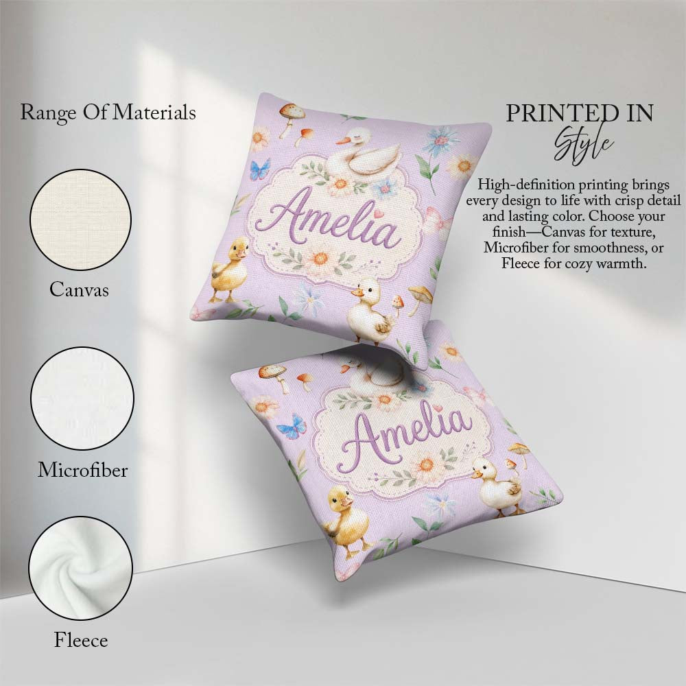 Custom Name Cute Swan Ducklings Mushrooms and on Soft Lavender Square Filled Cushion Throw Pillow Sofa Bed Home Decor Zip Washable UK Made