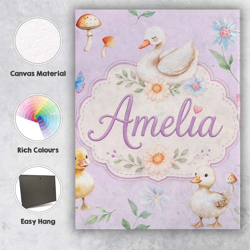 Personalised Name Cute Swan Ducklings Custom Modern Room Accent Creative Decorator Style Canvas Wall Art Print Decor Picture Ready to Hang
