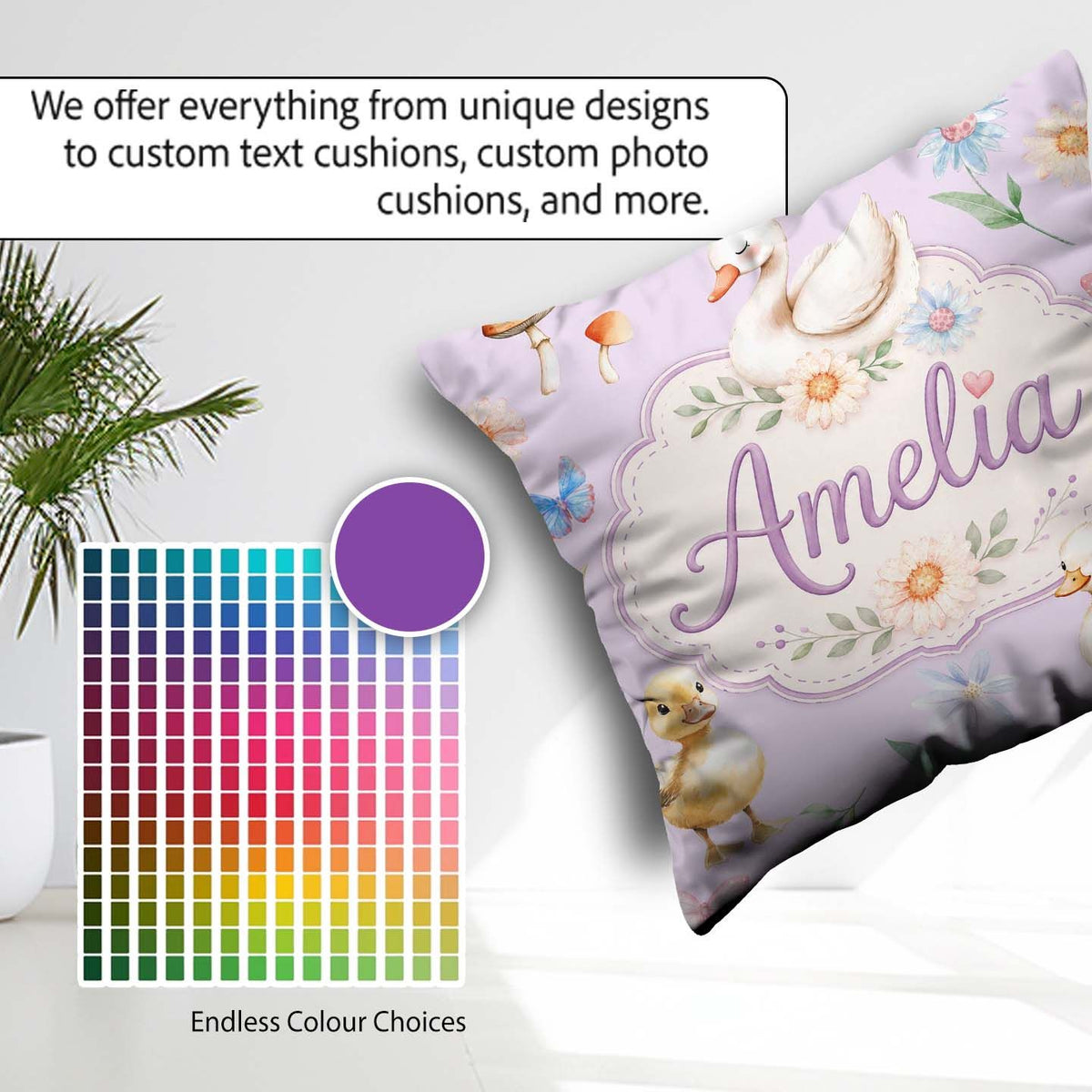 Custom Name Cute Swan Ducklings Mushrooms and on Soft Lavender Square Filled Cushion Throw Pillow Sofa Bed Home Decor Zip Washable UK Made