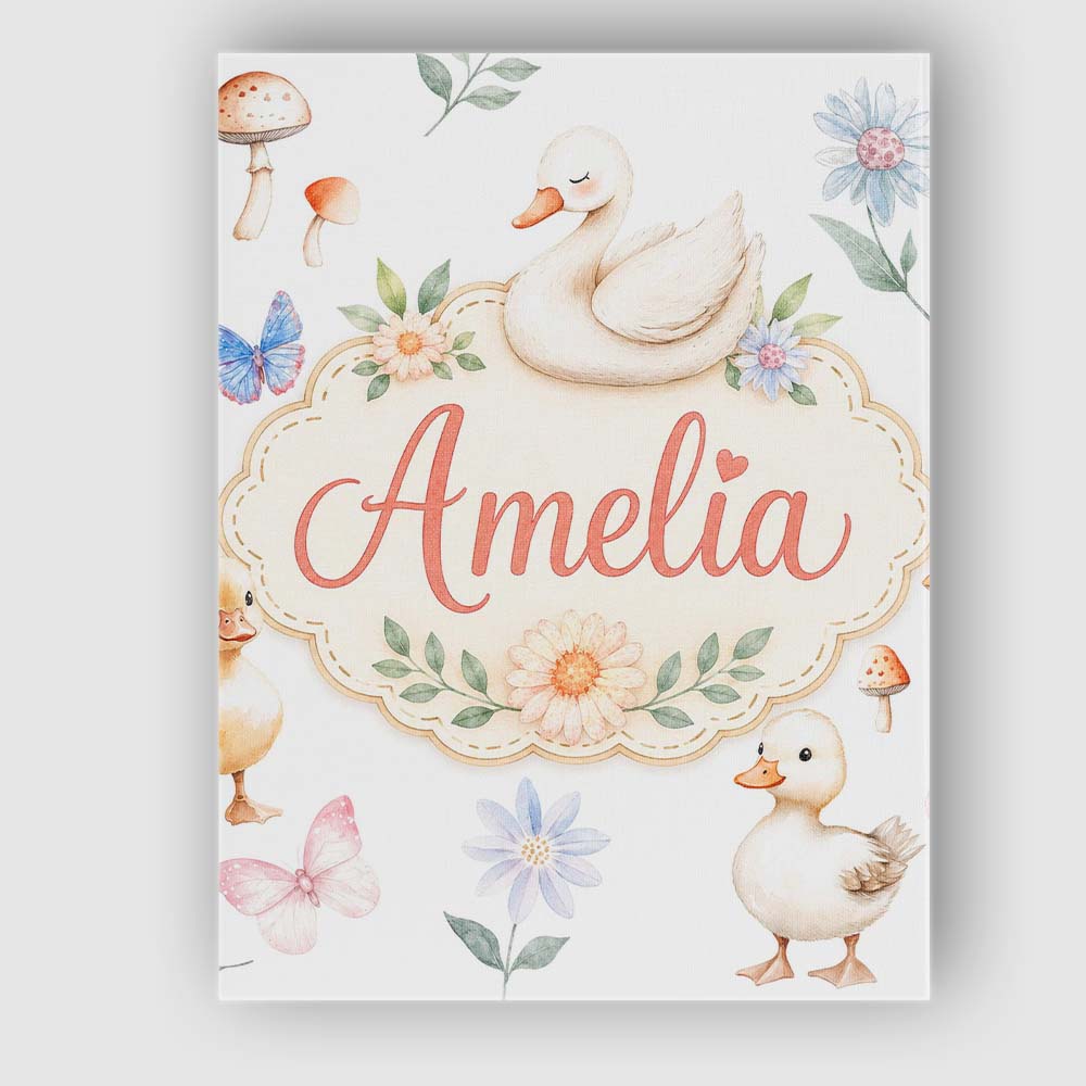 Personalised Name Cute Swan Ducklings Custom Modern Room Accent Creative Decorator Style Canvas Wall Art Print Decor Picture Ready to Hang