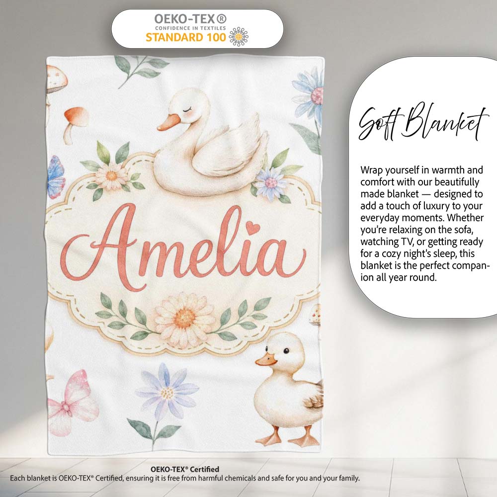 Cute Swan Ducklings Mushrooms and Flowers on Light Background Lovely Personalised Custom Name Super Soft Fleece Blanket Bed Sofa Throw