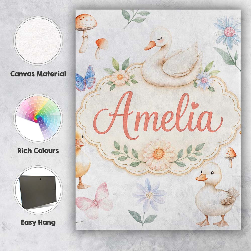 Personalised Name Cute Swan Ducklings Custom Modern Room Accent Creative Decorator Style Canvas Wall Art Print Decor Picture Ready to Hang