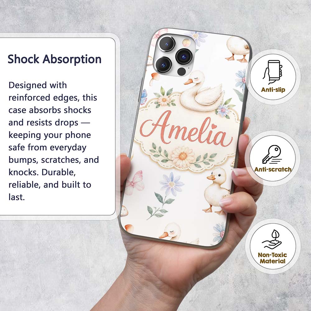Cute Swan Ducklings Mushrooms and Flowers on Custom Name Protective Phone Case Mobile Cover Durable Everyday Smartphone Shock Resistant