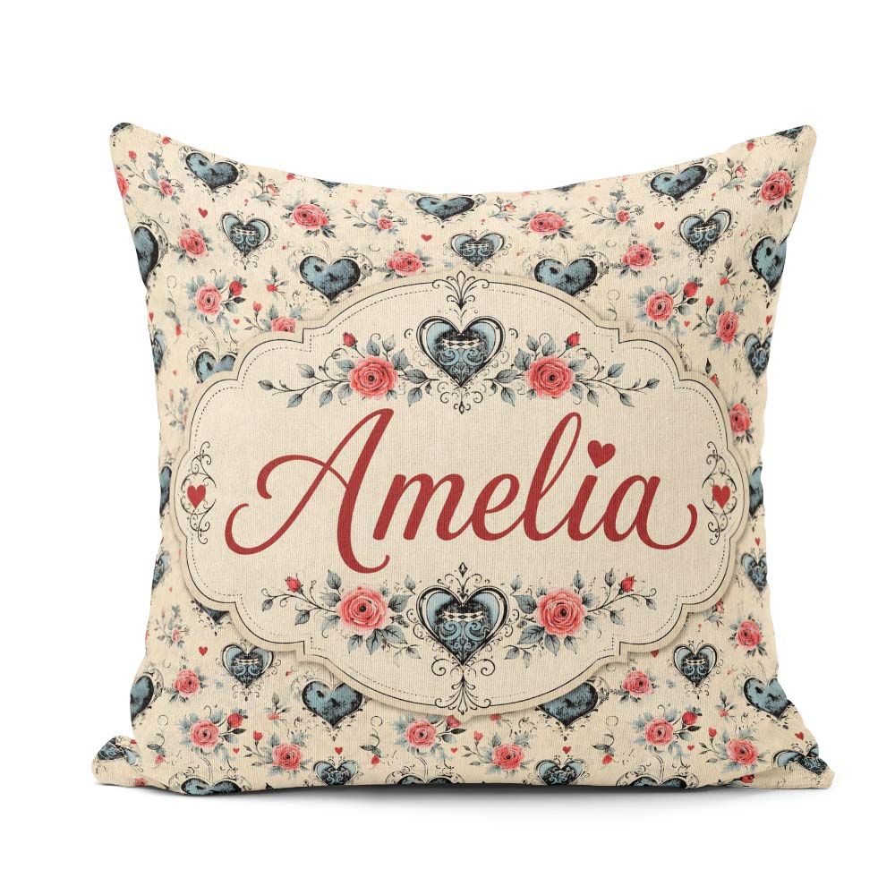 Custom Name Hearts and Roses Floral Romantic on Beige Background Square Filled Cushion Throw Pillow Sofa Bed Home Decor Zip Washable UK Made