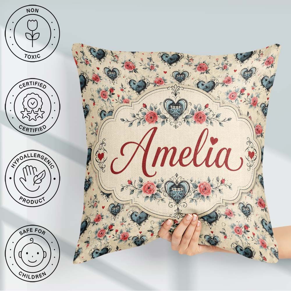 Custom Name Hearts and Roses Floral Romantic on Beige Background Square Filled Cushion Throw Pillow Sofa Bed Home Decor Zip Washable UK Made