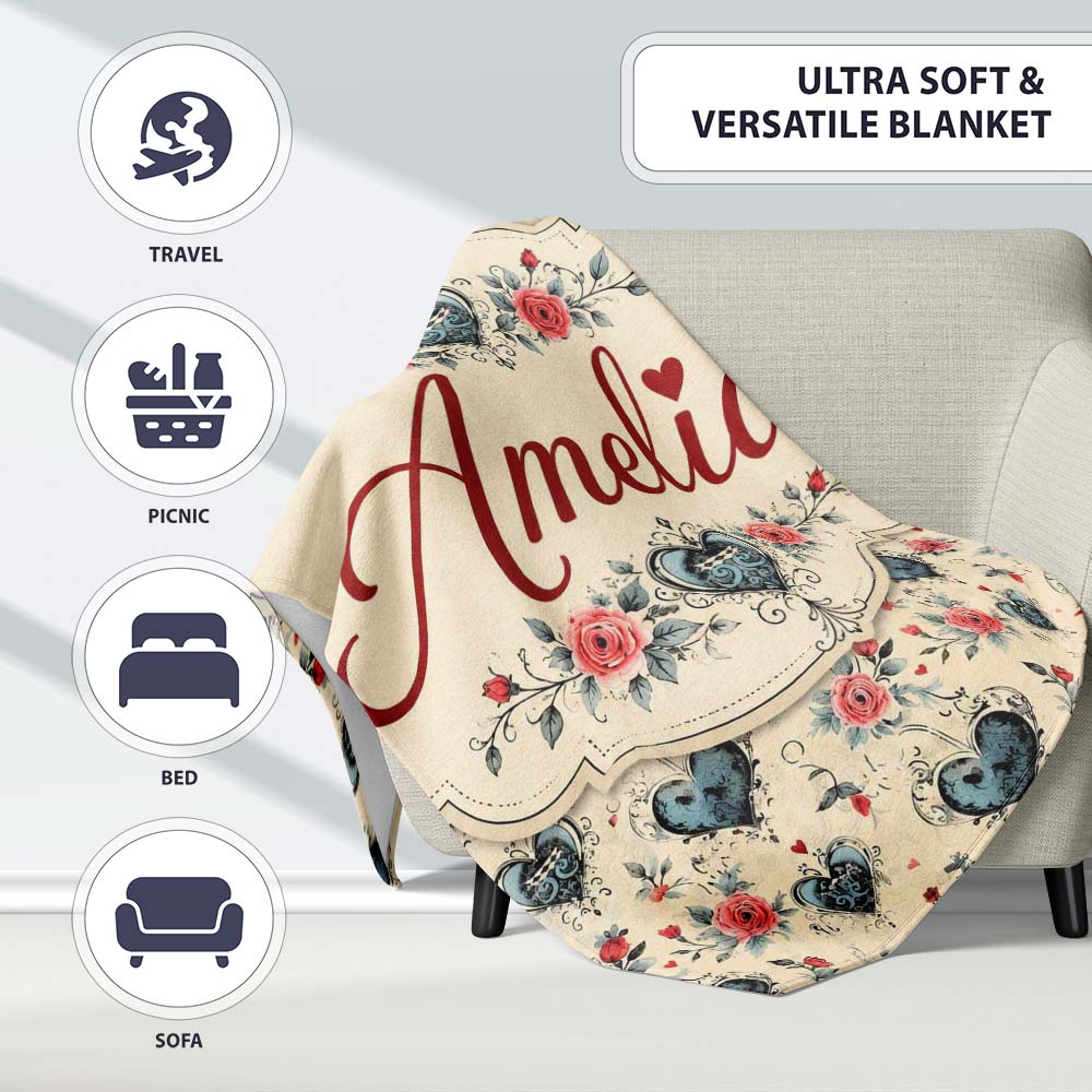 Vintage Hearts and Roses Floral Romantic on Beige Background Lovely Personalised Custom Name Super Soft Fleece Blanket Bed Sofa Throw