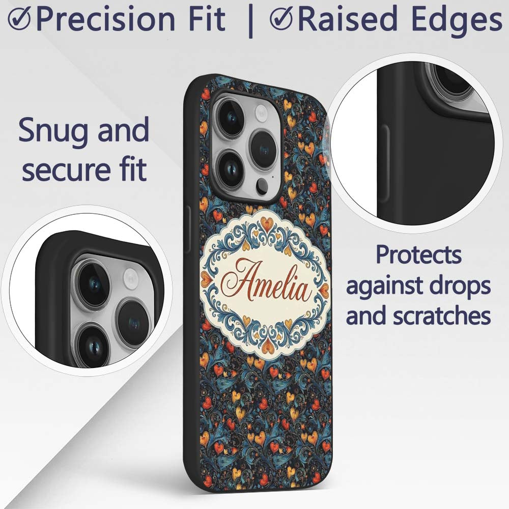 Elegant Dark Floral Hearts Ornamental on Black Custom Name Protective Phone Case Mobile Cover Durable Everyday Smartphone Shock Resistant